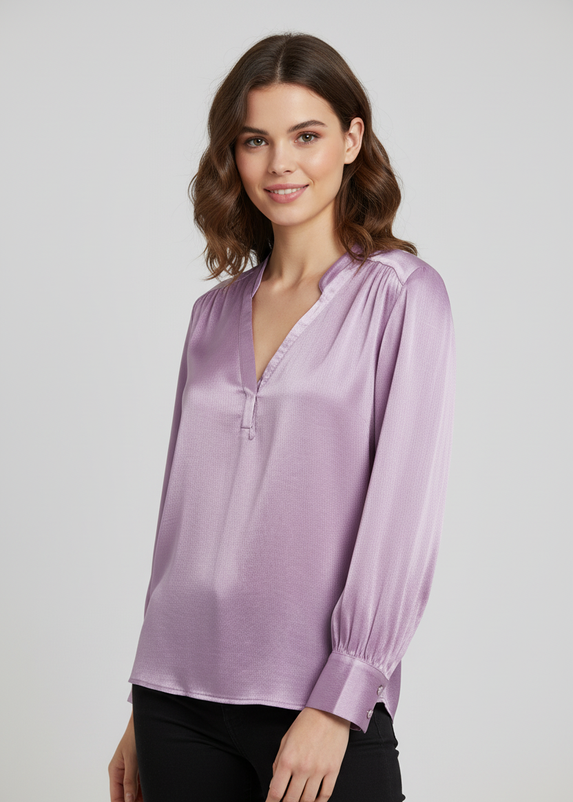 Blusa de satén azul con escote en V