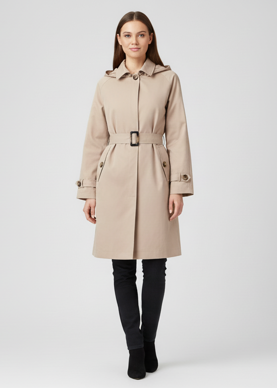 Gabardina con cinturón, capucha y bolsillos