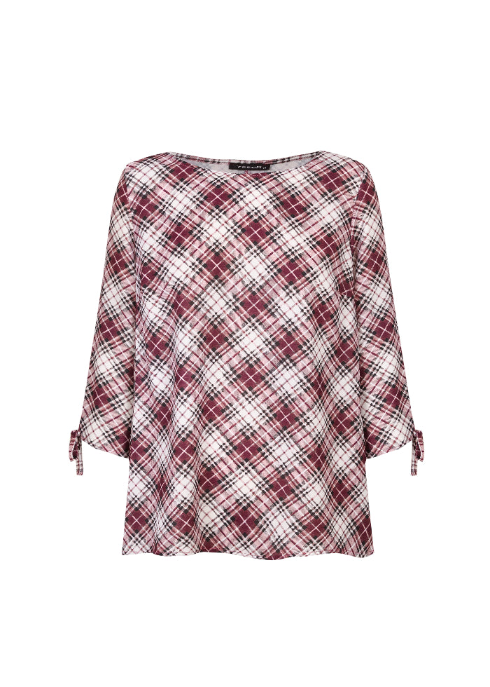Camiseta con estampado de cuadros y manga tres cuartos