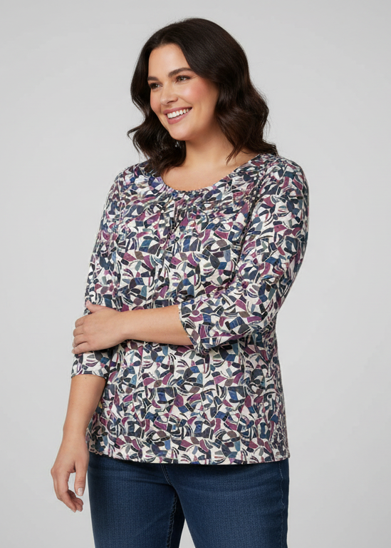 Camiseta estampada con cuello fruncido y manga tres cuartos