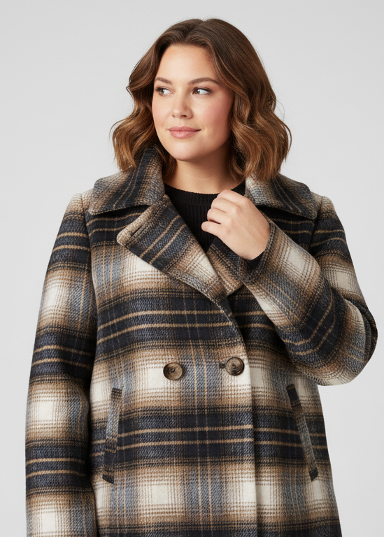 Abrigo corto con estampado de cuadros y cuello alto